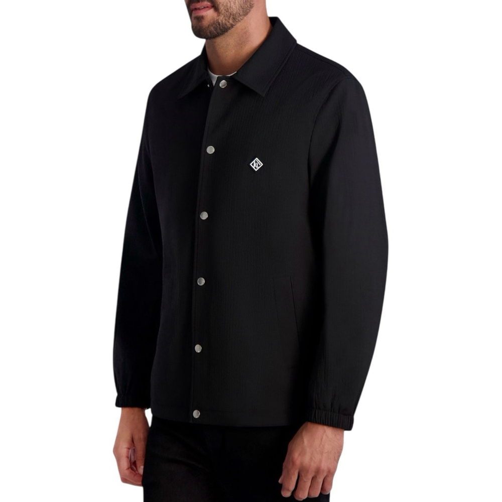 KARL LAGERFELD Men's Slim Fit Textured Snap-Front Logo Light Jacket Black XXL - Picture 2 of 10